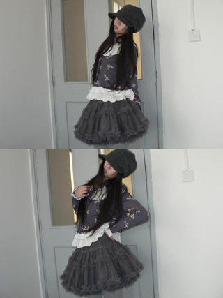 Grey Lined Lace Patchwork Puff Korean Mid Waist Casual Women Mini Skirt