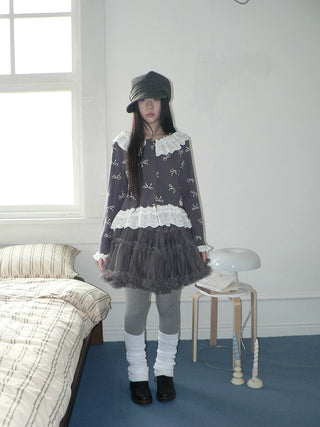 Grey Lined Lace Patchwork Puff Korean Mid Waist Casual Women Mini Skirt