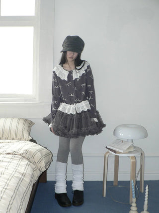 Grey Lined Lace Patchwork Puff Korean Mid Waist Casual Women Mini Skirt