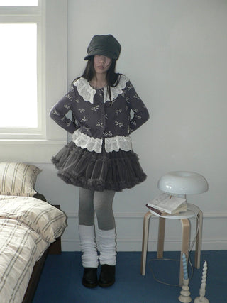 Grey Lined Lace Patchwork Puff Korean Mid Waist Casual Women Mini Skirt