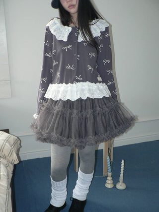 Grey Lined Lace Patchwork Puff Korean Mid Waist Casual Women Mini Skirt