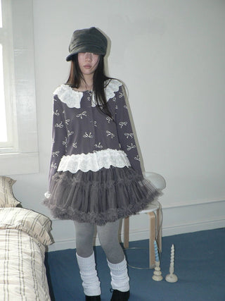 Grey Lined Lace Patchwork Puff Korean Mid Waist Casual Women Mini Skirt