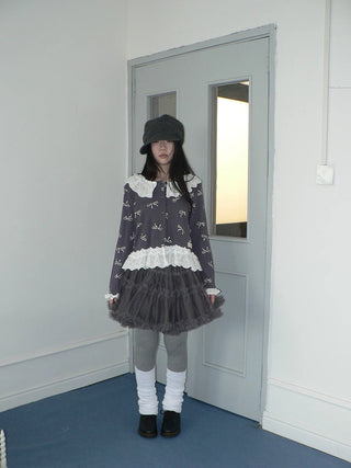 Grey Lined Lace Patchwork Puff Korean Mid Waist Casual Women Mini Skirt