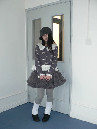 Grey Lined Lace Patchwork Puff Korean Mid Waist Casual Women Mini Skirt
