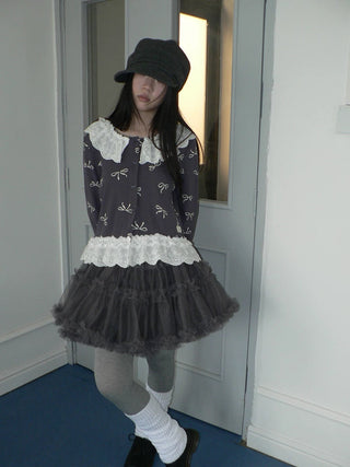 Grey Lined Lace Patchwork Puff Korean Mid Waist Casual Women Mini Skirt