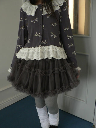 Grey Lined Lace Patchwork Puff Korean Mid Waist Casual Women Mini Skirt