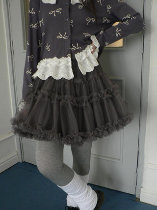 Grey Lined Lace Patchwork Puff Korean Mid Waist Casual Women Mini Skirt