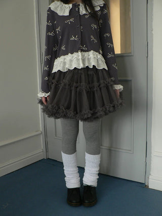 Grey Lined Lace Patchwork Puff Korean Mid Waist Casual Women Mini Skirt