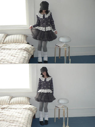 Grey Lined Lace Patchwork Puff Korean Mid Waist Casual Women Mini Skirt