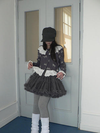 Grey Lined Lace Patchwork Puff Korean Mid Waist Casual Women Mini Skirt