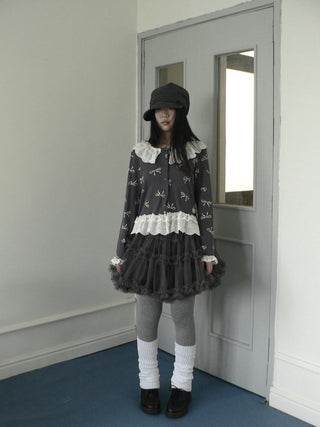 Grey Lined Lace Patchwork Puff Korean Mid Waist Casual Women Mini Skirt