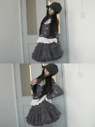Grey Lined Lace Patchwork Puff Korean Mid Waist Casual Women Mini Skirt