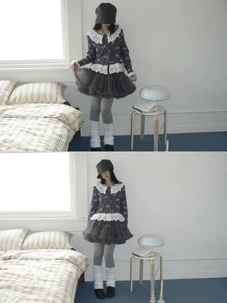 Grey Lined Lace Patchwork Puff Korean Mid Waist Casual Women Mini Skirt