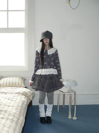 Grey Lined Lace Patchwork Puff Korean Mid Waist Casual Women Mini Skirt