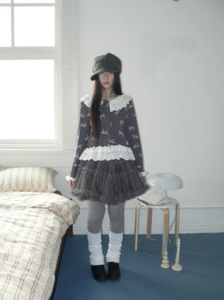 Grey Lined Lace Patchwork Puff Korean Mid Waist Casual Women Mini Skirt