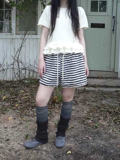 High Waist Lace Trim Korean Striped Wide Leg Casual Women Short