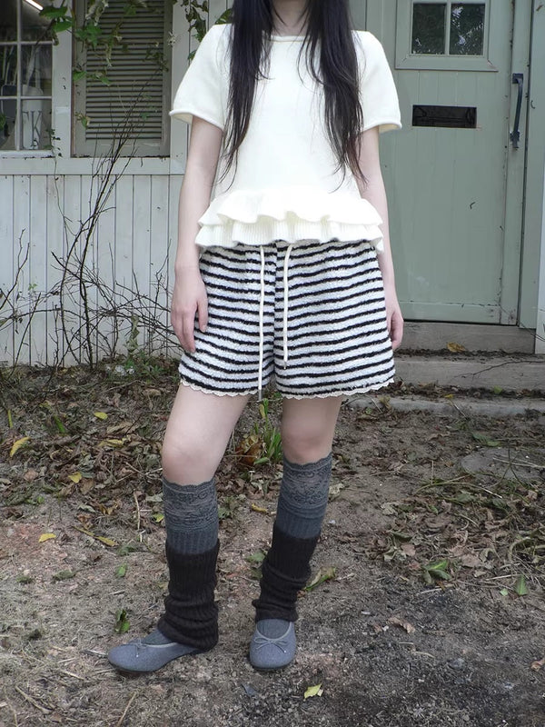 High Waist Lace Trim Korean Striped Wide Leg Casual Women Short