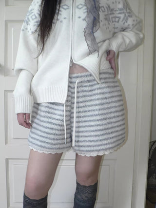 High Waist Lace Trim Korean Striped Wide Leg Casual Women Short