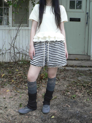 High Waist Lace Trim Korean Striped Wide Leg Casual Women Short