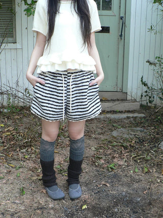 High Waist Lace Trim Korean Striped Wide Leg Casual Women Short