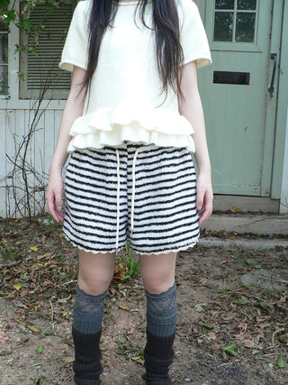 High Waist Lace Trim Korean Striped Wide Leg Casual Women Short