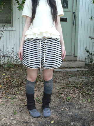 High Waist Lace Trim Korean Striped Wide Leg Casual Women Short