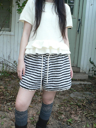 High Waist Lace Trim Korean Striped Wide Leg Casual Women Short