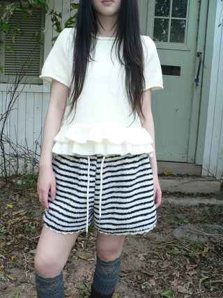 High Waist Lace Trim Korean Striped Wide Leg Casual Women Short