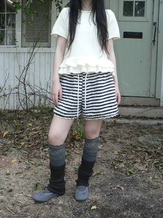 High Waist Lace Trim Korean Striped Wide Leg Casual Women Short