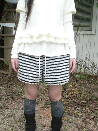 High Waist Lace Trim Korean Striped Wide Leg Casual Women Short