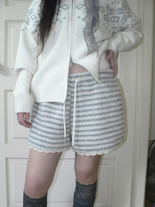 High Waist Lace Trim Korean Striped Wide Leg Casual Women Short