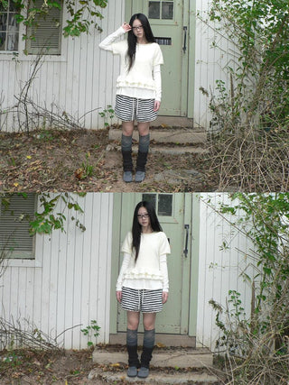 High Waist Lace Trim Korean Striped Wide Leg Casual Women Short