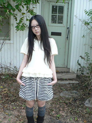 High Waist Lace Trim Korean Striped Wide Leg Casual Women Short