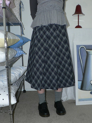 High Waist Lined Vintage Pleated Side Zipper Casual Blue Women Midi Skirt