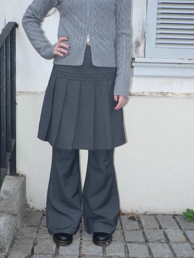 High Waist Minimalist Korean Faux Skirt Flare Zipper Women Dark Gray Pants