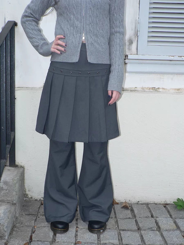 High Waist Minimalist Korean Faux Skirt Flare Zipper Women Dark Gray Pants
