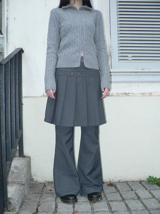 High Waist Minimalist Korean Faux Skirt Flare Zipper Women Dark Gray Pants