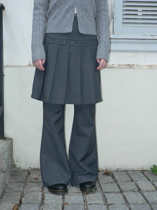 High Waist Minimalist Korean Faux Skirt Flare Zipper Women Dark Gray Pants