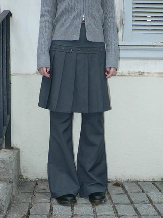 High Waist Minimalist Korean Faux Skirt Flare Zipper Women Dark Gray Pants