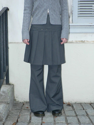 High Waist Minimalist Korean Faux Skirt Flare Zipper Women Dark Gray Pants