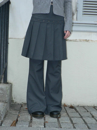 High Waist Minimalist Korean Faux Skirt Flare Zipper Women Dark Gray Pants