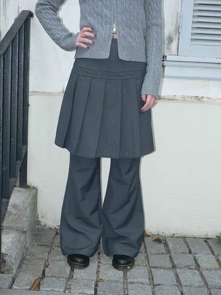 High Waist Minimalist Korean Faux Skirt Flare Zipper Women Dark Gray Pants