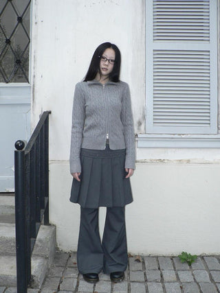 High Waist Minimalist Korean Faux Skirt Flare Zipper Women Dark Gray Pants