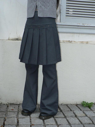 High Waist Minimalist Korean Faux Skirt Flare Zipper Women Dark Gray Pants