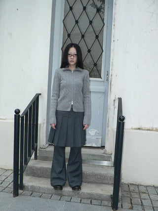 High Waist Minimalist Korean Faux Skirt Flare Zipper Women Dark Gray Pants