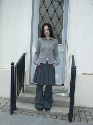 High Waist Minimalist Korean Faux Skirt Flare Zipper Women Dark Gray Pants
