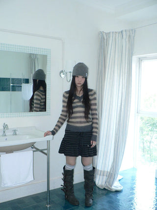 High Waist Printed Lined Korean A Line Tie Detail Casual Deep Gray Mini Skirt