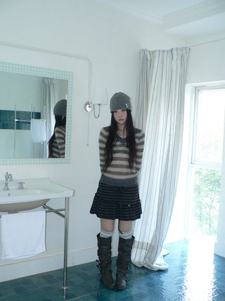 High Waist Printed Lined Korean A Line Tie Detail Casual Deep Gray Mini Skirt