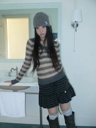 High Waist Printed Lined Korean A Line Tie Detail Casual Deep Gray Mini Skirt