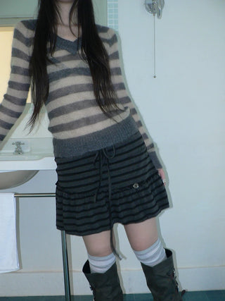 High Waist Printed Lined Korean A Line Tie Detail Casual Deep Gray Mini Skirt